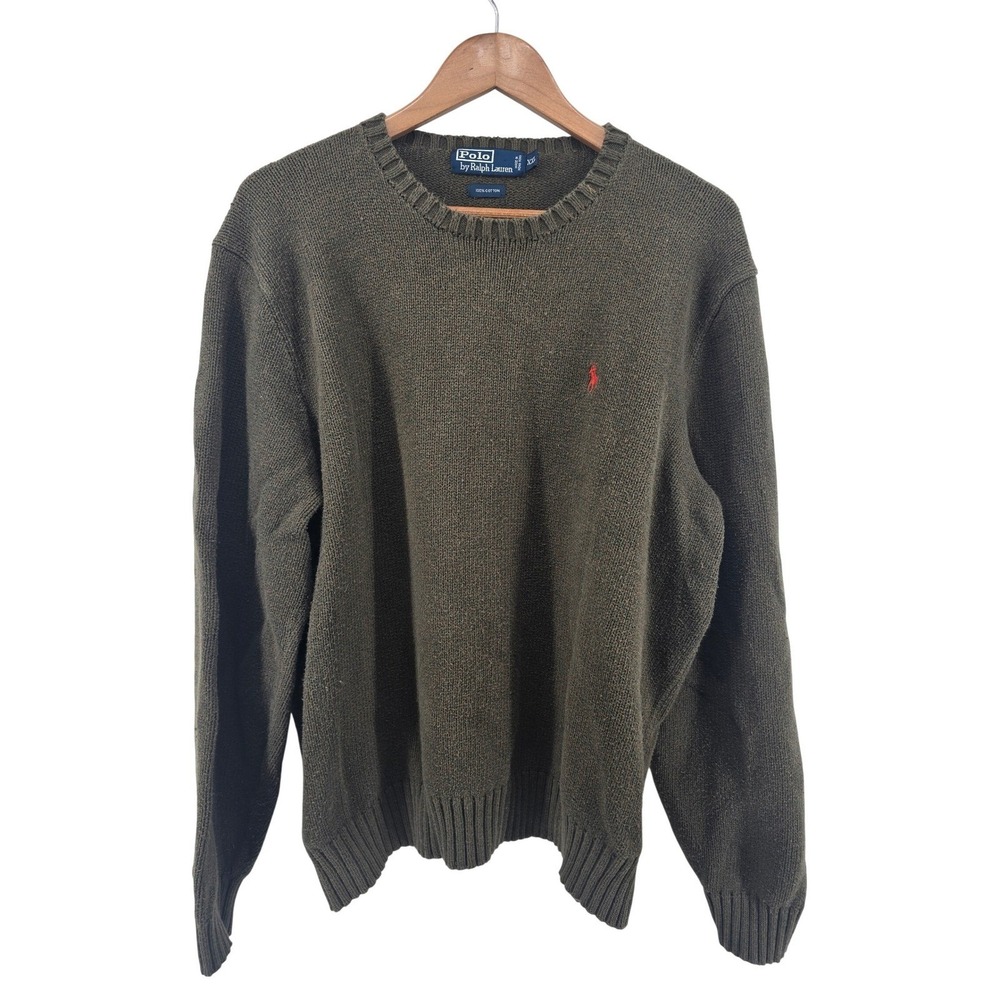Polo Ralph Lauren Sweater Mens XXL Olive Green Cotton Crew Neck Red Pony Logo